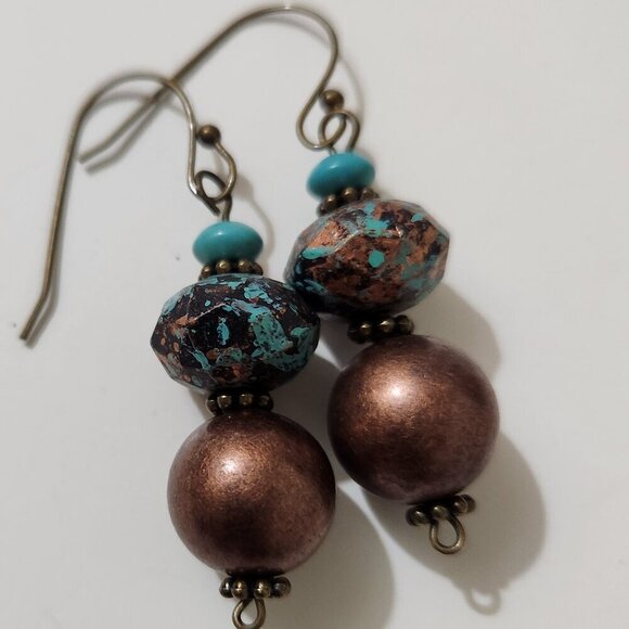 Hand Crafted Pierced Bead Earrings Turquoise Bronze Dangle Drop - Picture 1 of 5